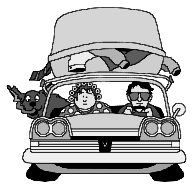 Cartoon of two people with dog in car
